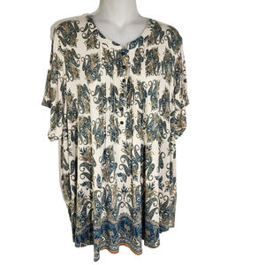 Rose + Olive Tunic Top 1X Blue Green Floral Paisley Short Sleeve Pleats Pullover